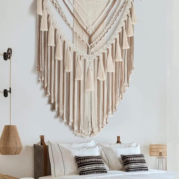 Boho Macrame Woven Brown Handmade Mid Century Modern Hanging Tassel Wall Decor - Picture 8 of 8